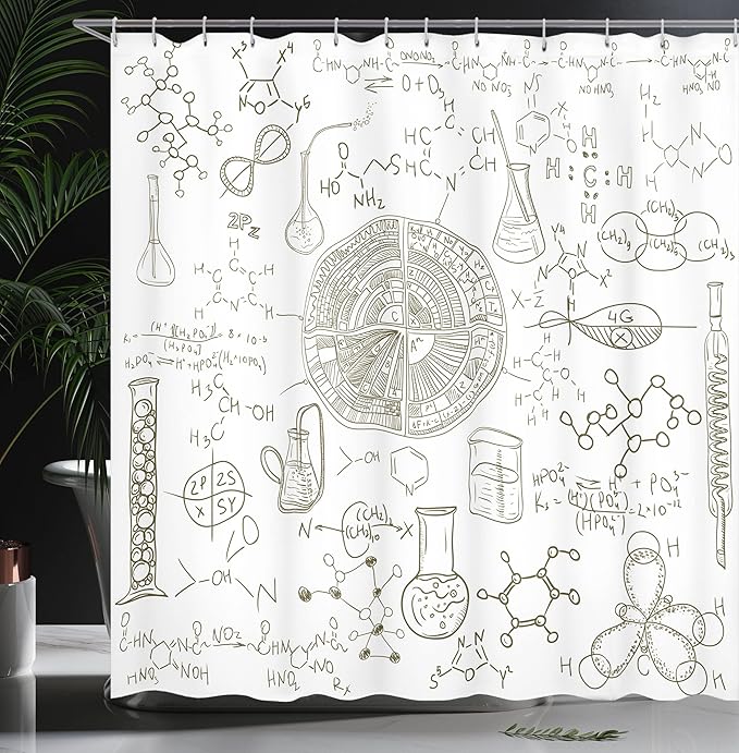 Ambesonne Science Shower Curtain, Science Theme Hand Drawn Style Chemistry Laboratory in a School Classroom of an Illustration, Cloth Fabric Bathroom Decor Set with Hooks, 69" W x 84" L, White Umber