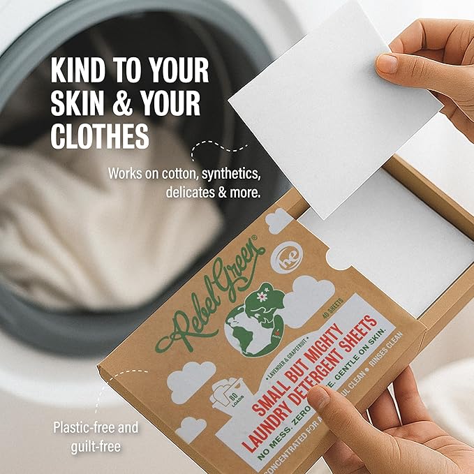 Rebel Green Small But Mighty Laundry Detergent Sheets - Zero Waste Laundry Solution - 40 Pre-Measured Washing Machine Sheets for 80 Loads, Lavender & Grapefruit Scent