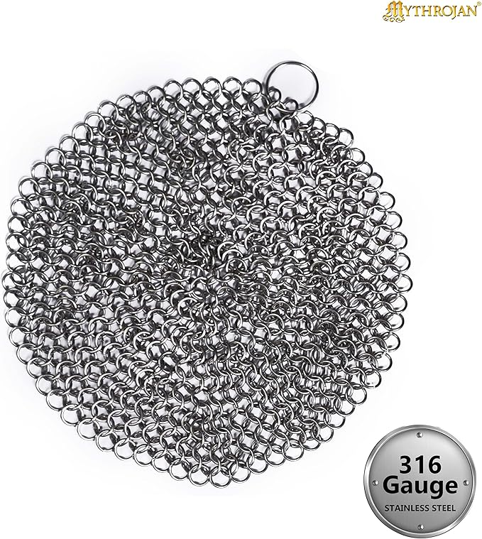 Mythrojan Cast Iron Cleaner, 7 Inches Stainless Steel Round Chainmail Scrubber For Cast Iron Pan Skillet, Wok, Pot, Pan; Pre-Seasoned Pan Dutch Ovens Waffle Iron Pans Scraper Cast