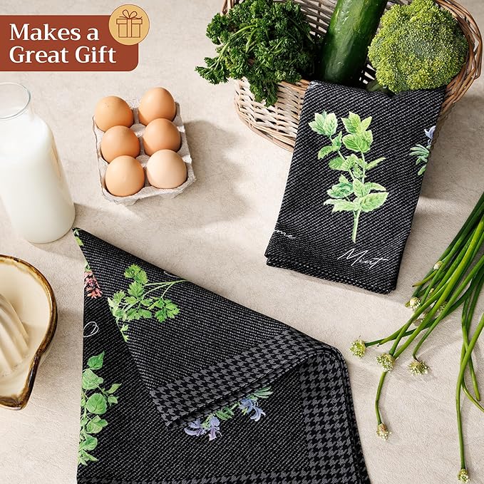 Maison d'Hermine Kitchen Towels Set of 2 100% Cotton 27.50" x 20" Reusable Cloth Tea Dish Towels Absorbent with Hanging Loop for Kitchen, Home, Dining, Cocktail Parties (Fresh Herbs)