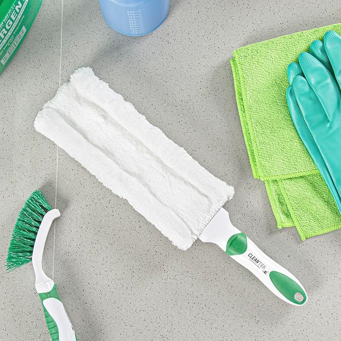 Restaurantware Duster 10 Pack of 14.7 x 3.4 x 1.1 Inch Cotton Duster Washable Multipurpose Cleaning Tool Non-Slip Handle Green and White Dust Remover Tool