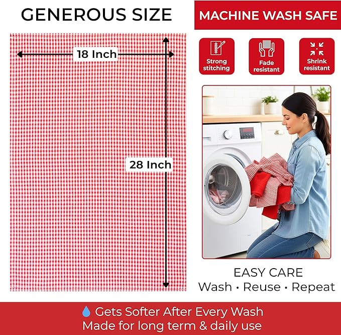 Cotton Dish Towels For Kitchen Drying - Highly Absorbent Red Striped Gingham Plaid Tea Towels - 18"X28" Set Of 6 Farmhouse Linen Dishtowels In Bulk - Pano De Prato Para Cozinha - T Towles Towls