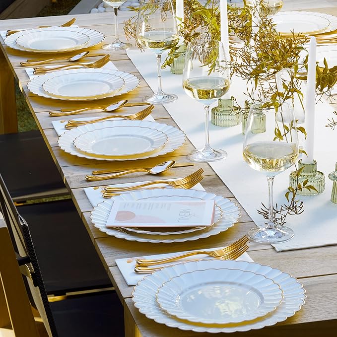 By Madee HEAVYWEIGHT 100 Pc Scalloped Ivory Gold Plastic Plates for Party | 50 Dinner & 50 Dessert Plates Disposable Heavy Duty | Elegant & Fancy for Wedding, Baby Shower, Bridal Shower 50 Guests