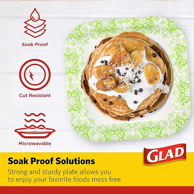 Glad Square Heavy Duty Paper Plates, Soak Proof and Cut Proof Disposable Plates for Parties and Everyday Meals, Microwaveable for Easy Serving, Green Victorian Pattern, 10 Inch, 50 Count