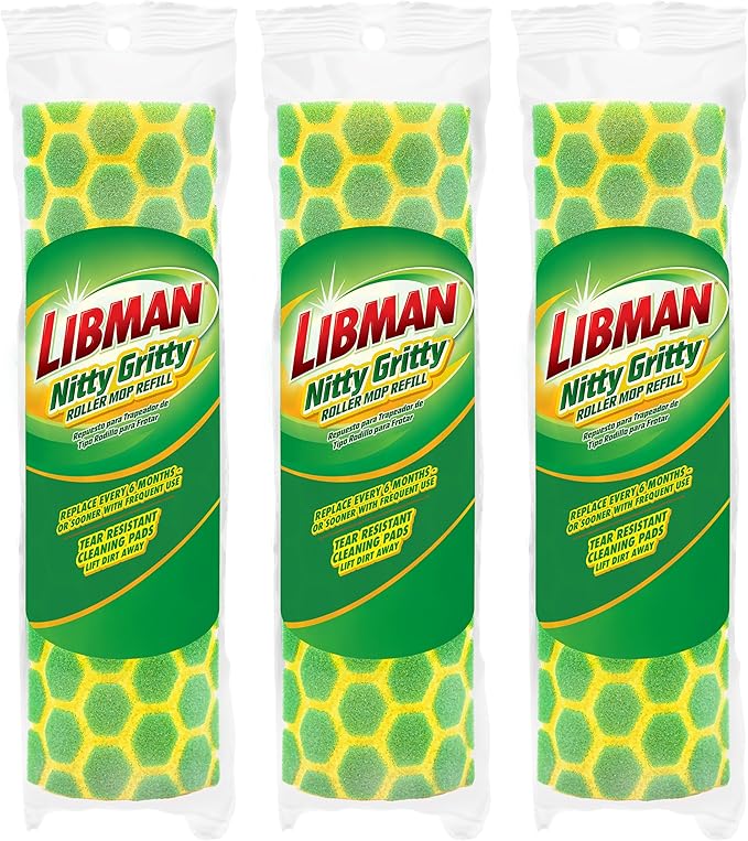 Libman Nitty Gritty Roller Mop Refills | Scrub Mop | Wet Mop | Mops for Floor Cleaning | Sponge Mop | Self Wringing Wood Floor Mop | | 3 Replacement Mop Heads Included