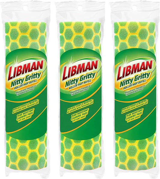 Libman Nitty Gritty Roller Mop Refills | Scrub Mop | Wet Mop | Mops for Floor Cleaning | Sponge Mop | Self Wringing Wood Floor Mop | | 3 Replacement Mop Heads Included