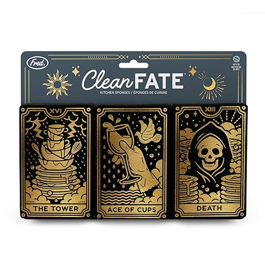 Genuine Fred Clean Fate Tarot Card Kitchen Sponges, Set of 3 Multi Layer Sponges with Metallic Gold Tarot Card Designs Fun, Functional, Mystical, Whimsical Kitchen Cleaning and Decor