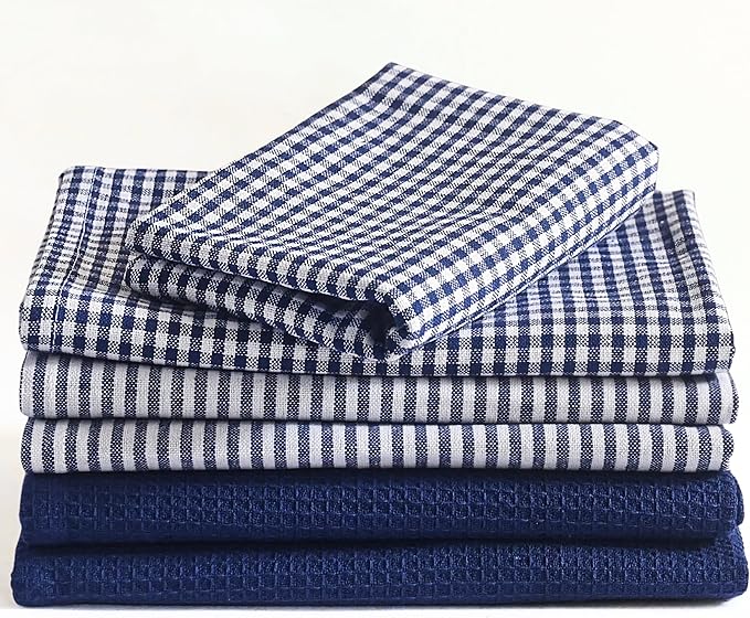 Cotton Dish Towels For Kitchen Drying - Highly Absorbent Navy Blue Striped Gingham Plaid Tea Towels - 18"X28" Set Of 6 Farmhouse Linen Dishtowels In Bulk - Pano De Prato Para Cozinha - T Towles Towls
