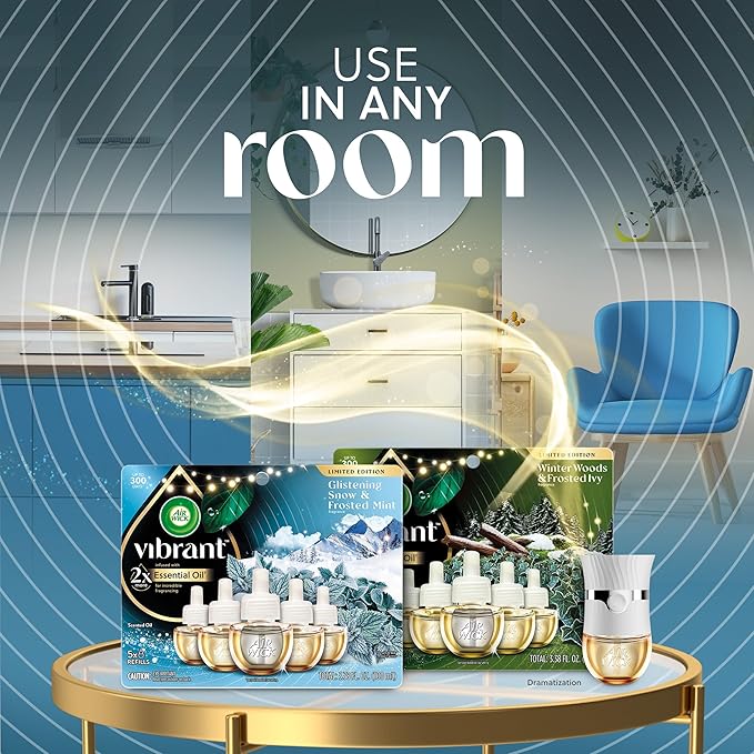 Air Wick Plug In Advanced Scented Oil,Glistening Snow Frosted Mint,Air-Fresheners for Home Long Lasting,Room Freshener,Plug In,House Essentials for Small Spaces Large Spaces,5 ct,(Pack of 5)