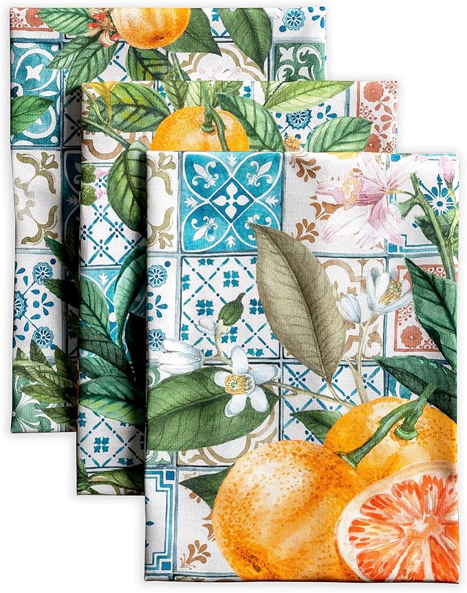 Maison d' Hermine Kitchen Towels Set of 3 100% Cotton 27.50" x 20" Reusable Cloth Tea Dish Towels Absorbent with Hanging Loop for Kitchen Farmhouse Hotel Spring Summer - Agrume