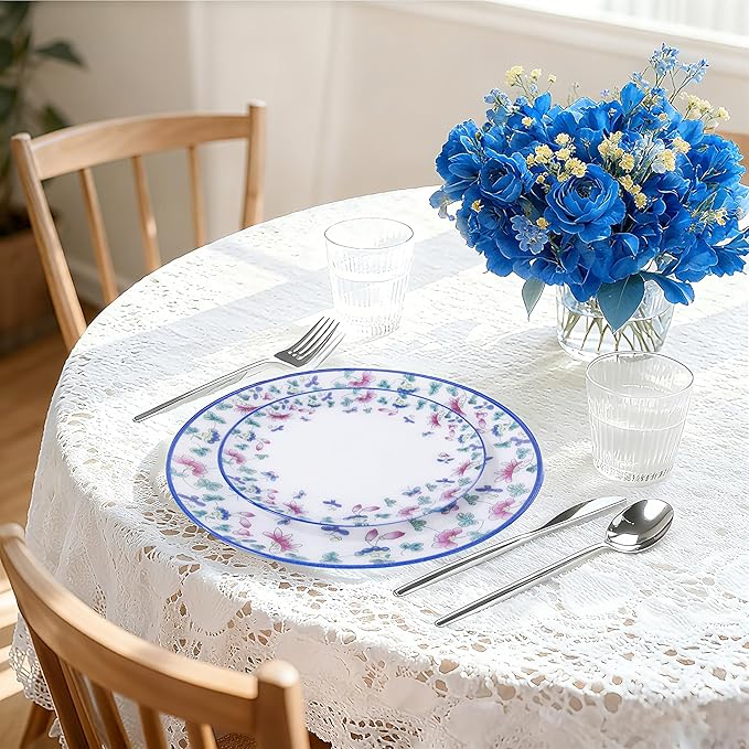 30Pcs Blue Plastic Plates - Butterfly Plates Disposable Heavy Duty, Fancy Floral Pattern Perfect for Weddings, Tea Parties, Holidays - 10.25" Dinner & 7.5" Dessert Plastic Plate