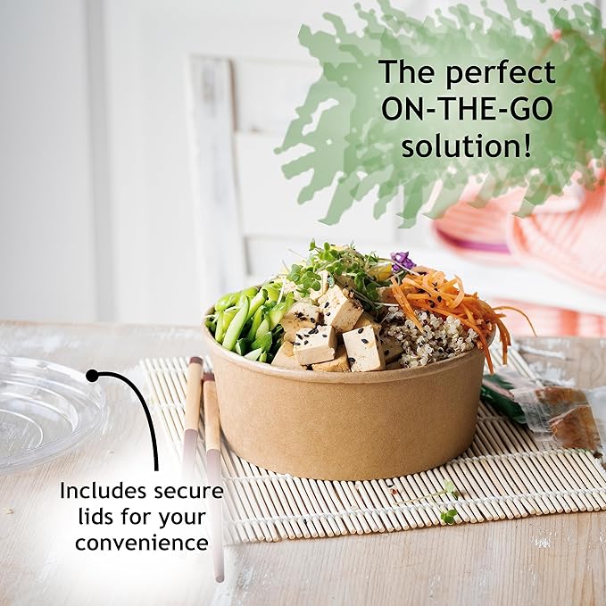 Disposable Bowls with Lid | Meal Prep Paper Bowls | To Go Salad Ramen Food Containers with Lids (33 oz - 50 Sets)