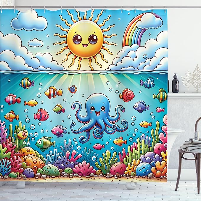 Ambesonne Ocean Shower Curtain, Nautical Happy Sun Octopus and Fish Characters with Cloudy Sea Scenery, Cloth Fabric Bathroom Decor Set with Hooks, 69" W x 75" L, Mustard Blue Multicolor