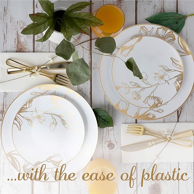 PLASTICPRO 64 Piece Combo Plates Set includes 32 7'' inch Plates & 32 10'' inch Plates White Plastic Floral Design Party Plates With Gold Rim, Premium Elegant, Disposable, Tableware, Dishes,