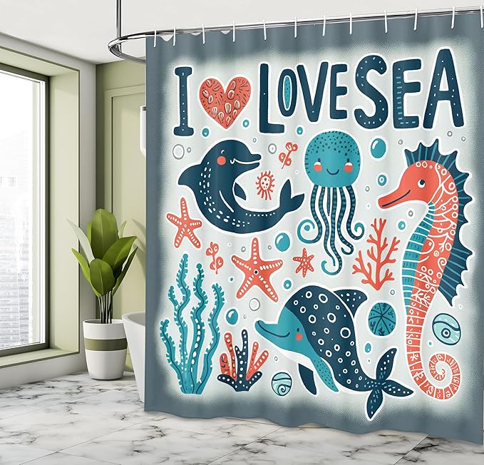 Ambesonne Nautical Shower Curtain, I Love Sea Lettering Happy Ocean Scenario Seahorse Dolphin Jellyfish Funny, Cloth Fabric Bathroom Decor Set with Hooks, 69" W x 75" L, Blue Coral Coconut