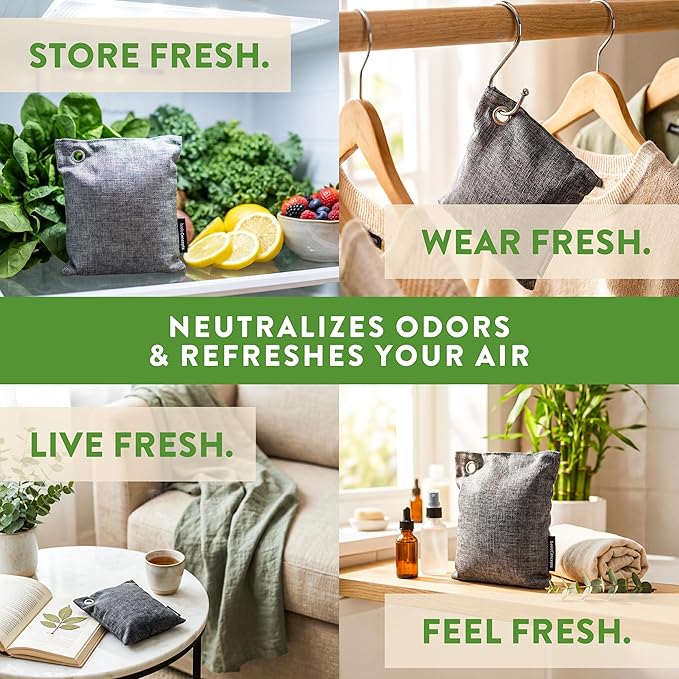 Charcoal Odor Absorber for Strong Odor (Large, 12 Pack, 100g each), Perfect for Smelly Shoes, Bamboo Charcoal Air Purifying Bag, Activated Charcoal Odor Absorber for Closet, Shoe, Car, Odor Deodorizer