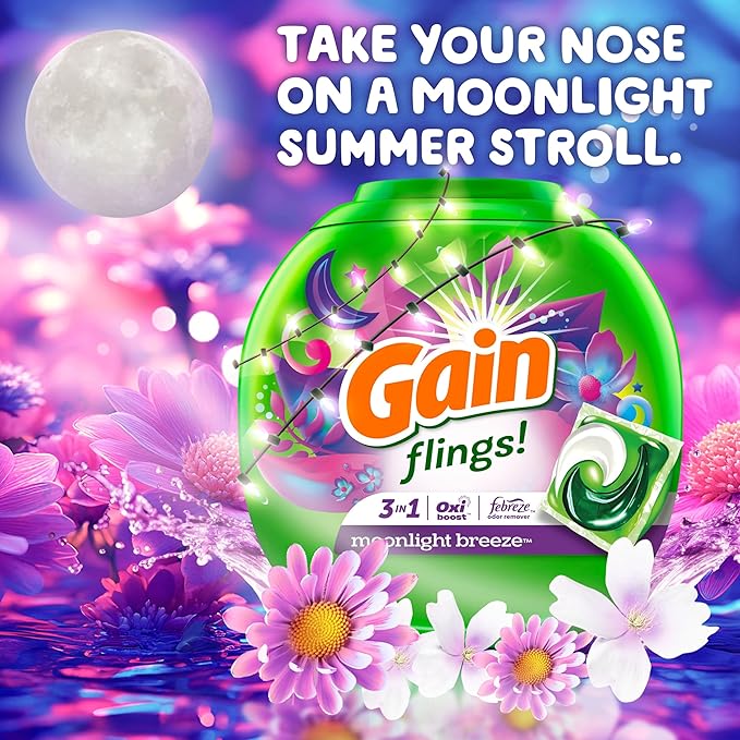 Gain Flings Laundry Detergent Pacs, 102 Count, Moonlight Breeze Scent, with Odor Defense, concentrated laundry soap pacs