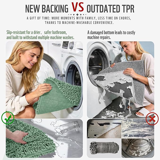 Yimobra Long Bathroom Rugs Non Slip Washable 44x24 Inch - Ultra Soft Absorbent Chenille Bath Mat, Quick Dry Shaggy Floor Carpet for Tub Shower, Green Home Decor Accessories