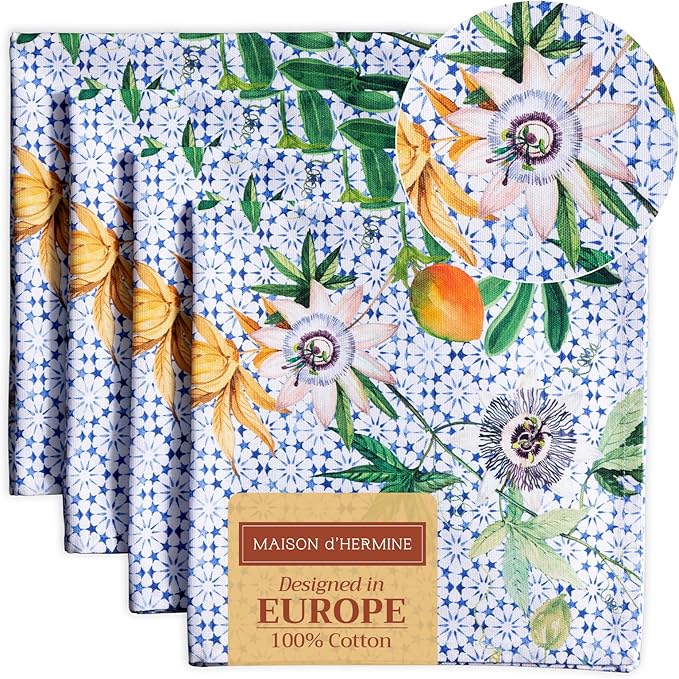 Maison d' Hermine 100% Cotton Cloth Napkins Set of 4 Everyday Reusable Square Napkins Cloth Washable Dinner Party Wedding Restaurant Hotel Kitchen Spring Summer (Passiflora, 20" x 20")