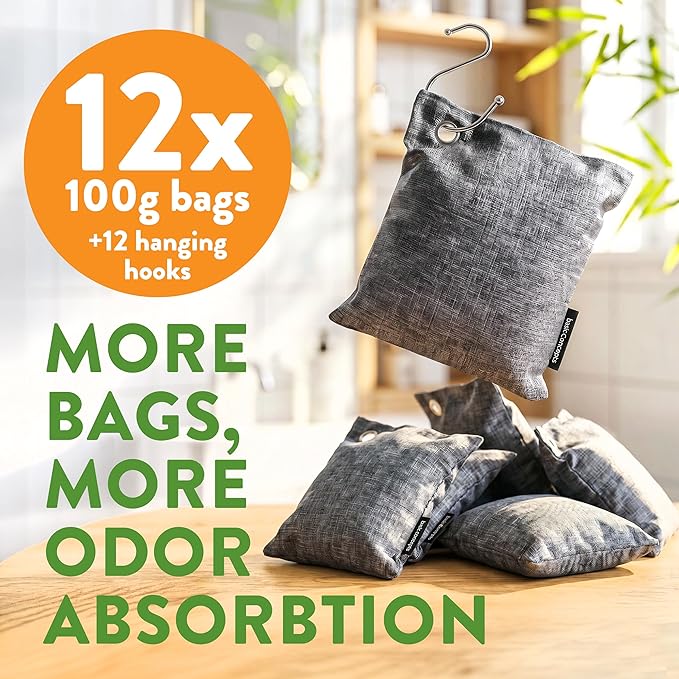 Charcoal Odor Absorber for Strong Odor (Large, 12 Pack, 100g each), Perfect for Smelly Shoes, Bamboo Charcoal Air Purifying Bag, Activated Charcoal Odor Absorber for Closet, Shoe, Car, Odor Deodorizer