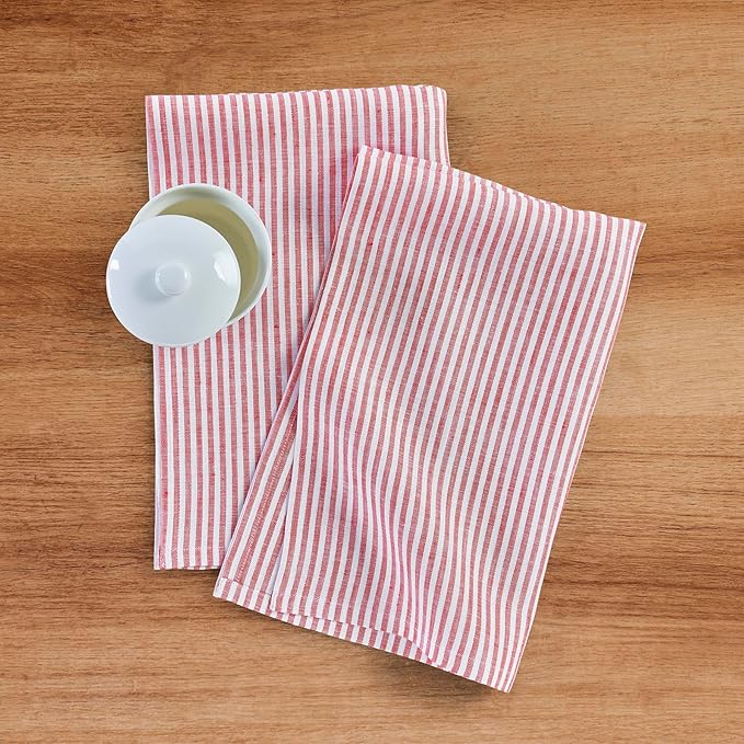 Solino Home Red and White Linen Kitchen Towels Set of 2-100% Pure Linen 17 x 26 Inch Narrow Stripe Tea Towels with Hanging Loop - European Flax Kitchen Dish Cloth - Quick Dry & Machine Washable