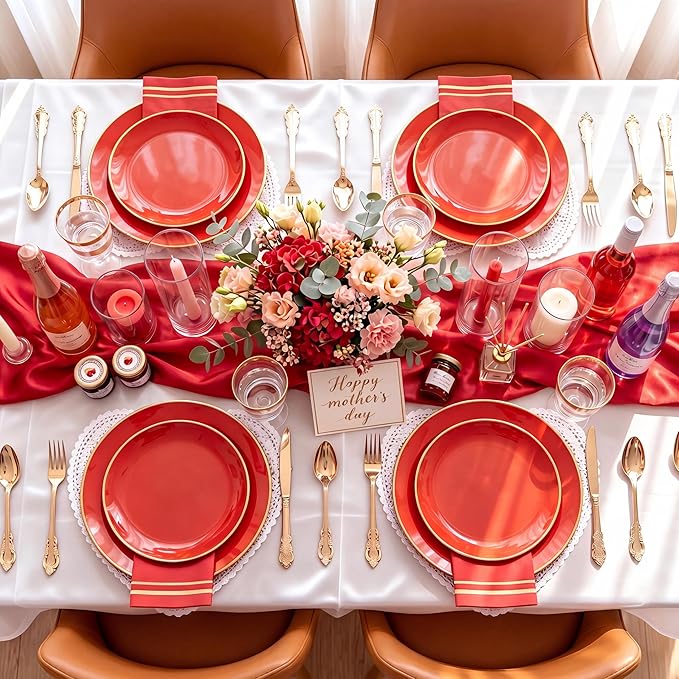 NOCCUR 350PCS Red Plastic Plates - Disposable Red Gold Dinnerware Set for 50 Guests, 100 Dinner/Dessert Plates, 150 Gold Silverware, 50 Cups&50 Napkins for Party/Wedding/Mother's Day