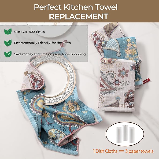 Kitchen Dish Towels for Drying 100% Cotton,Ultra Absorbent Quick Drying Thick Reusable Cleaning Decorative Tea Towels with Hanging Loop,Reversible Boho Pretty Hand Towels,4 Pack,Gift for Mom