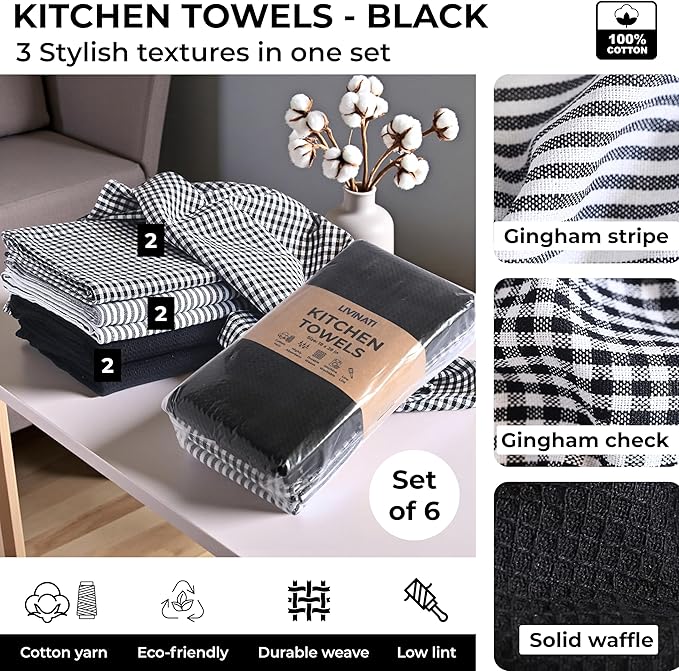 Cotton Dish Towels For Kitchen Drying - Highly Absorbent Black Striped Gingham Plaid Tea Towels - 18"X28" Set Of 6 Farmhouse Linen Dishtowels In Bulk - Pano De Prato Para Cozinha - T Towles Towls