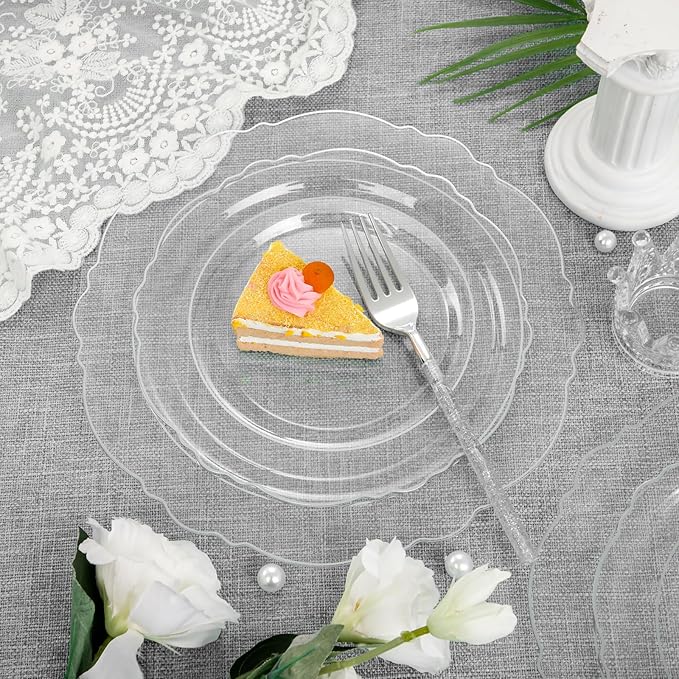 Liacere 150PCS Clear Silver Plastic Plates & Disposable Silver Plastic Silverware with Glitter Bamboo Handle Cutlery-Baroque Clear Disposable Plates for Wedding & Easter day & Mother's Day