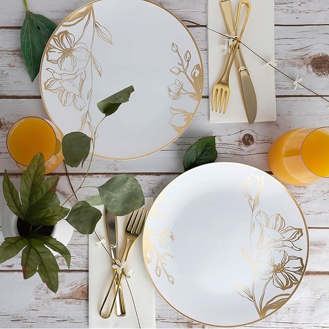[10'' Plates 40 Count] White Plastic Floral Design Party Dinner Plates With Gold Rim Premium heavyweight Elegant Disposable Tableware Dishes