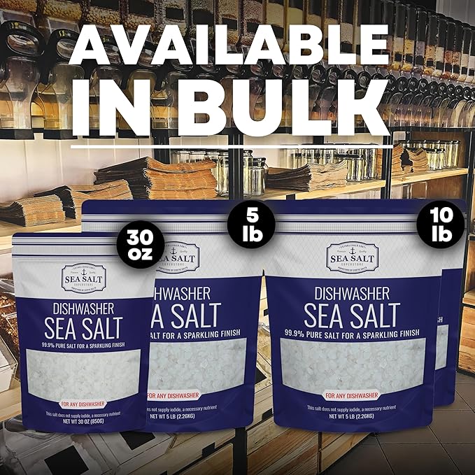 Dishwasher Salt, Natural Water Softener, Food Grade Coarse Sea Salt Compatible with Miele, Thermador, Whirlpool, & Bosch Dishwasher 5 lb Bag