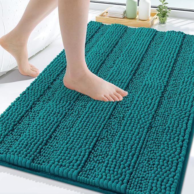 Grandaily Chenille Striped Bathroom Rugs 30x20, Extra Thick and Soft Absorbent Bath Mats, Rubber Backing, Plush Shaggy Shower Carpet, Machine Wash Dry, Bath Rug for Bathroom, Deep Lake