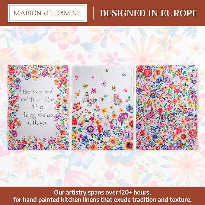 Maison d' Hermine Kitchen Towels Set of 3 100% Cotton 27.50" x 20" Reusable Cloth Tea Dish Towels Absorbent with Hanging Loop for Farmhouse Hotel Spring Summer - Happy Florals - High Summer