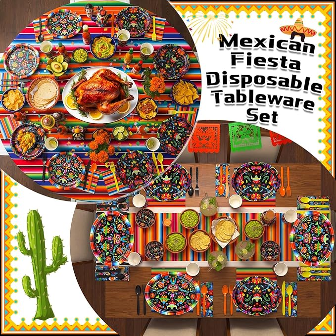 Havawish 350 Pcs Mexican Party Supplies Fiesta Disposable Tableware Set Flower Serape Stripe Oval Paper Plates Cups Napkins Fork Knife Spoon Dinnerware for Cinco De Mayo Mexico Table Decor