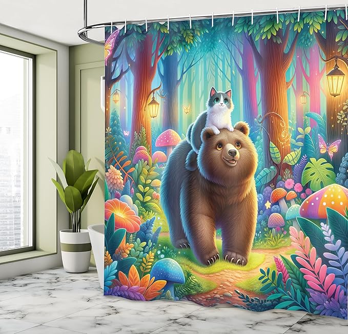 Ambesonne Funny Shower Curtain, Rave Colors of Fantasy Woodland Scenario Peaceful Cat and Bear Friends Happy, Cloth Fabric Bathroom Decor Set with Hooks, 69" W x 70" L, Caramel Multicolor