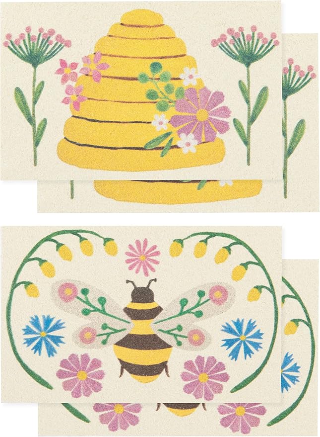 Now Designs Bee Garden Pop Up Sponges Set of 4, 100% Cellulose, Eco-Friendly, Biodegradable, W2.75 x L4.25in, Folk Art-Inspired Design