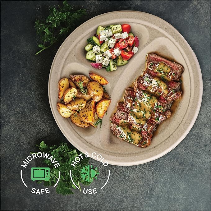 100% Compostable, 3 Compartment, Disposable Paper Plates [125-Pack] - {PFAS Free} - {BPA Certified} - [10 Inch] Heavy Duty Biodegradable Bagasse Sectional Lunch Trays + Dividers - Divided Platte Tray