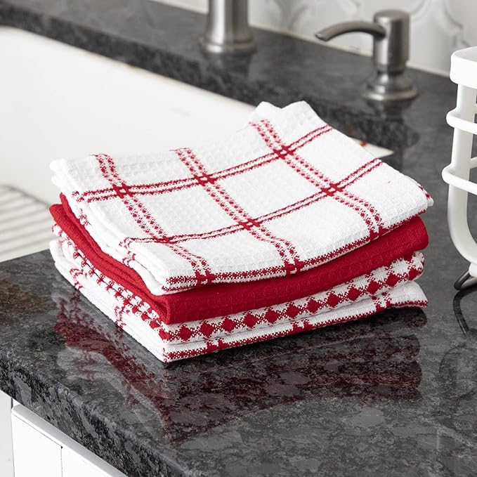 T-Fal Premium Waffle Dish Cloths: Highly Absorbent, Super Soft Long Lasting - 100% Cotton, 12"x13" Towel for Cleaning & Drying, (4-Pack), Red
