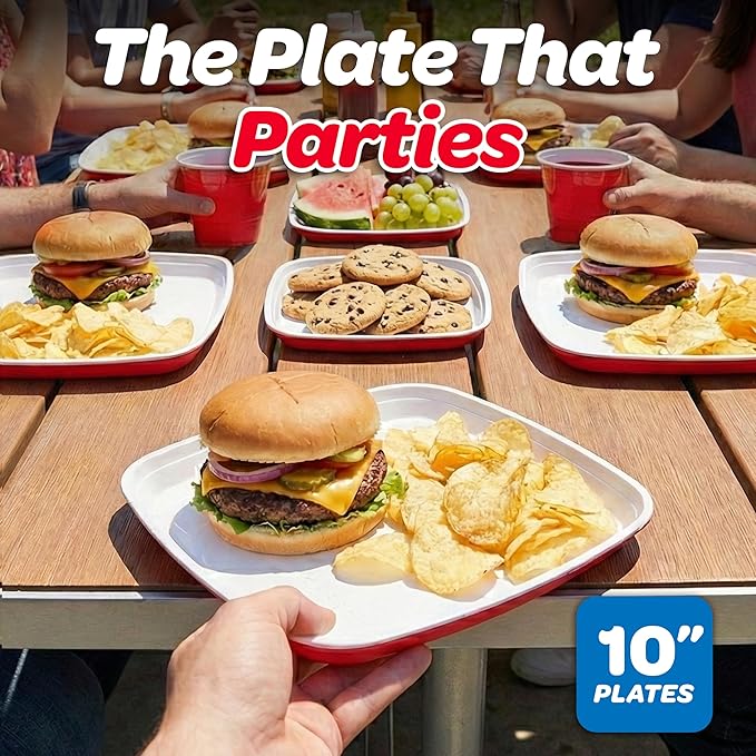 GoBig Red Plastic Disposable Plates - 30 Count 10 Inch - Square Heavy Duty Red Cup Party Plates