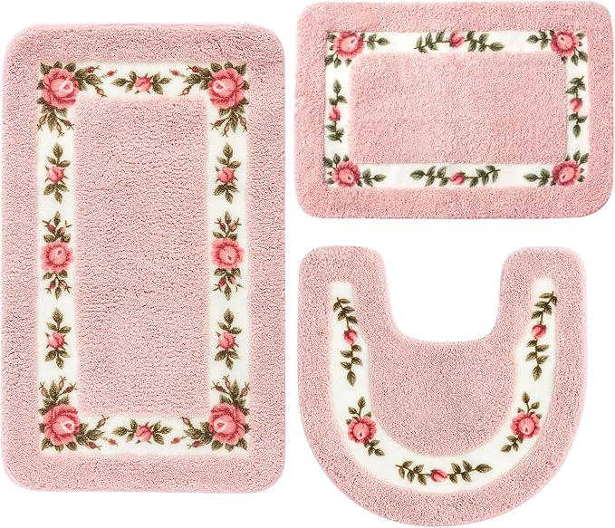 Drydiet 3 Pcs Rose Flowers Bathroom Rugs Set Coquette Room Decor Floral Carpet for Bathroom Bedroom Living Room, Floral Bath Mat Non Skid Romantic Rose Flower Area Rugs 3 Shapes(Pink,Small)
