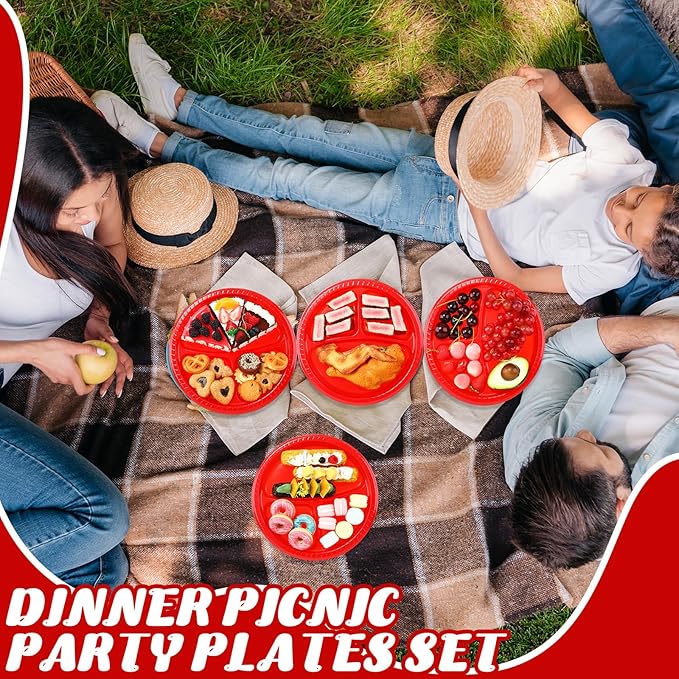 Teenyyou 50 Pcs 10 Inch Plastic 3 Compartment Divided Plates Heavy Disposable Plates Duty Round Dinner Plates with Dividers for Wedding Birthday Party Dinnerware(Red)
