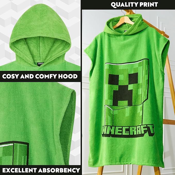 Minecraft Towelling Poncho Kids Teens Hooded Bath Towels Absorbent Beach Towel (Green, 10-13 Years)