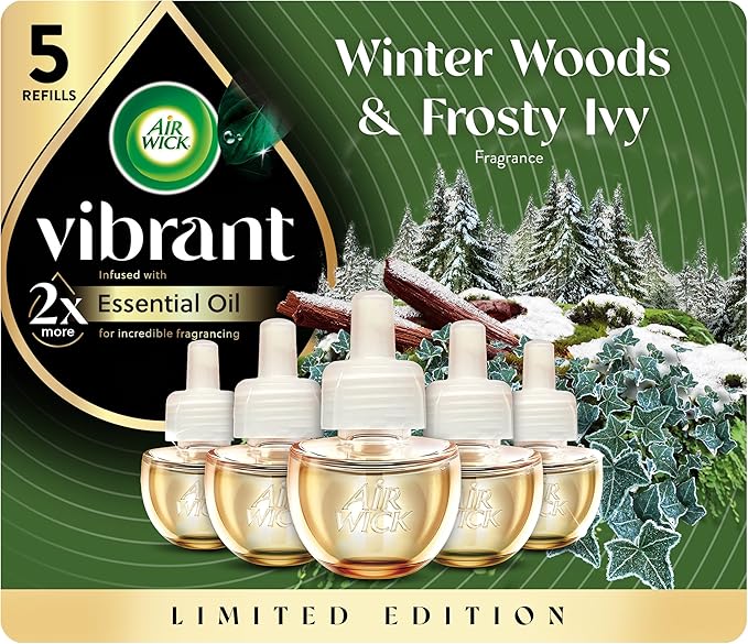 Air Wick Vibrant Plug in Scented Oil Refill, Infused with Essential Oils, Plug in Air Fresheners for Home, Winter Woods & Frosted Ivy, 5 ct