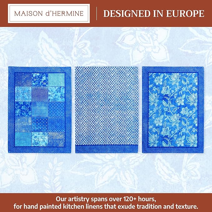 Maison d' Hermine Kitchen Towels Set of 3 100% Cotton 27.50" x 20" Reusable Cloth Tea Dish Towels Absorbent with Hanging Loop for Kitchen Farmhouse Hotel Spring Summer - Indigo Love