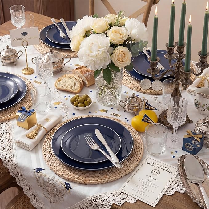 KIRE 200PCS Blue Plastic Plates with Silver Rim - Navy Blue Plastic Plates Include 100 Dinner & Dessert Plate - Heavy Duty Dark Blue Disposable Plate for Graduation/Parties/Memorial Day/Father's Day