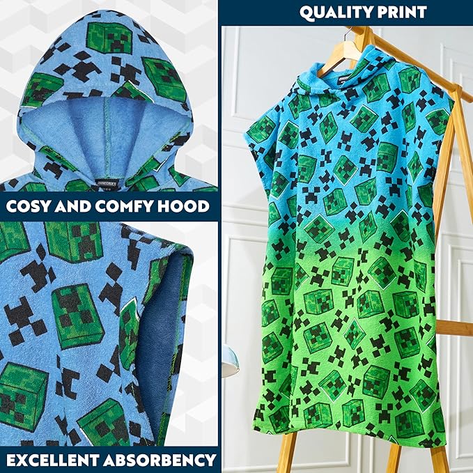 Minecraft Towelling Poncho Kids Teens Hooded Bath Towels Absorbent Beach Towel (Multi, 10-13 Years)