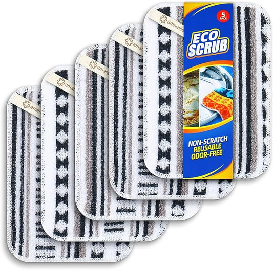 Amarelle GEN II Dish Washing Scrubbers (5-Pack), Made in Green Kitchen Scrubbers for Dishes, Non Scratch Pot & Pan Scrubber, Heavy Duty GOTS Organic Cotton Scouring Pads, Reusable (Metro Sketch)