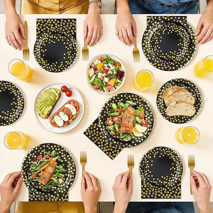100 Pcs Black and Gold Paper Plates and Napkins Party Supplies,Serves 25 Guests Black Gold Plates and Napkins,Disposable Paper Tableware Set for Birthday Graduation Retirement Decorations
