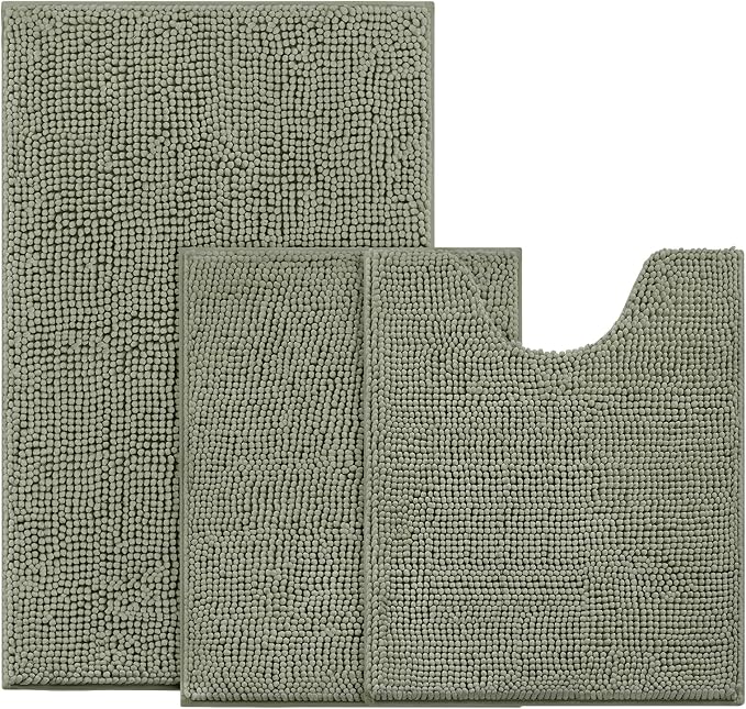 BYSURE Sage Green Bathroom Rugs Sets 3 Piece Non Slip Extra Absorbent Plush Chenille Soft Washable Bath Mats