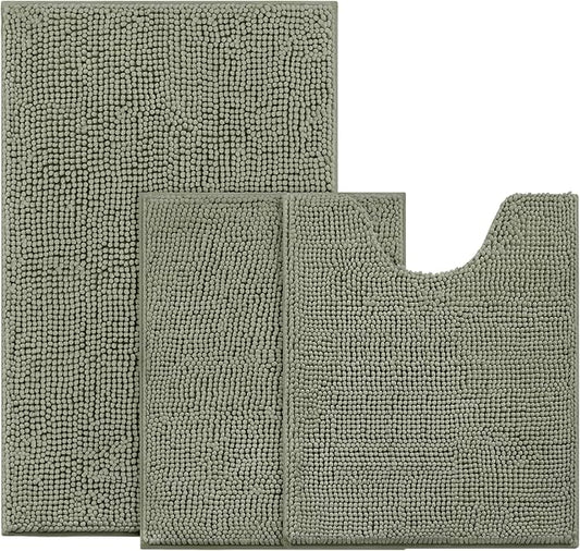 BYSURE Sage Green Bathroom Rugs Sets 3 Piece Non Slip Extra Absorbent Plush Chenille Soft Washable Bath Mats